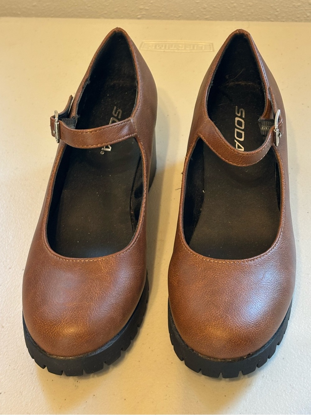 Soda Brown Mary Jane Platform Mules